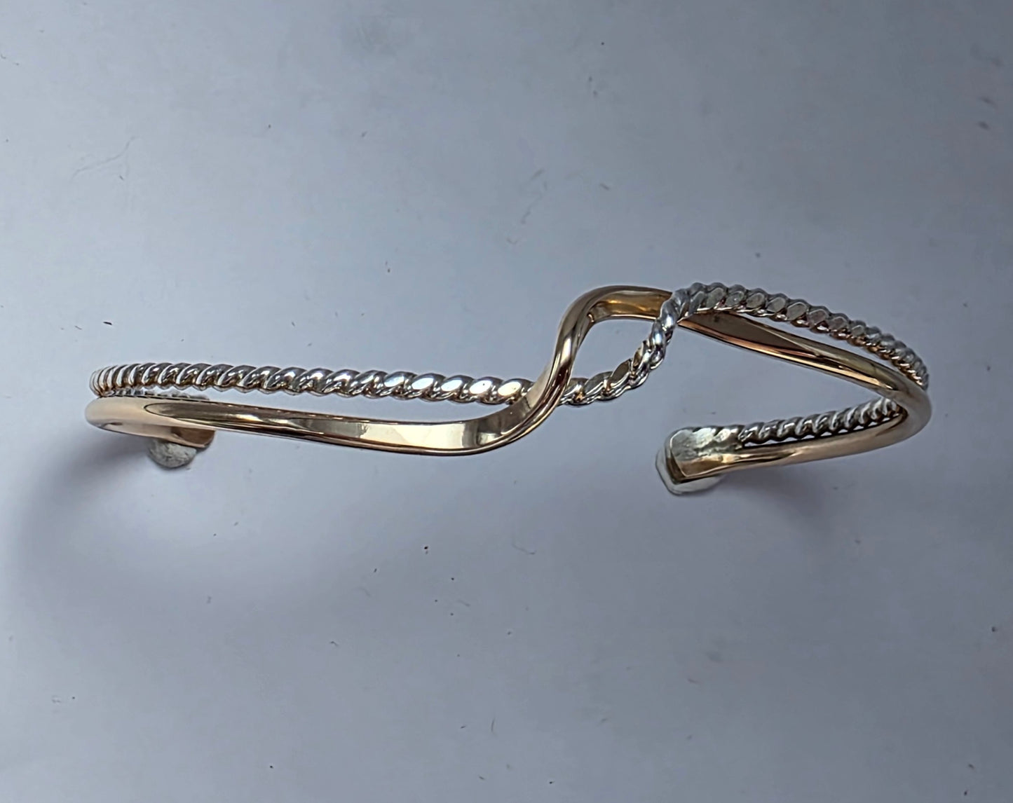 Two toned textured Sterling Silver and 14kt gold filled wave bracelet