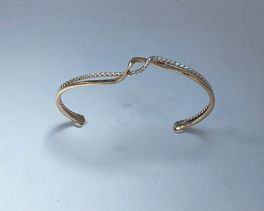 Two toned textured Sterling Silver and 14kt gold filled wave bracelet